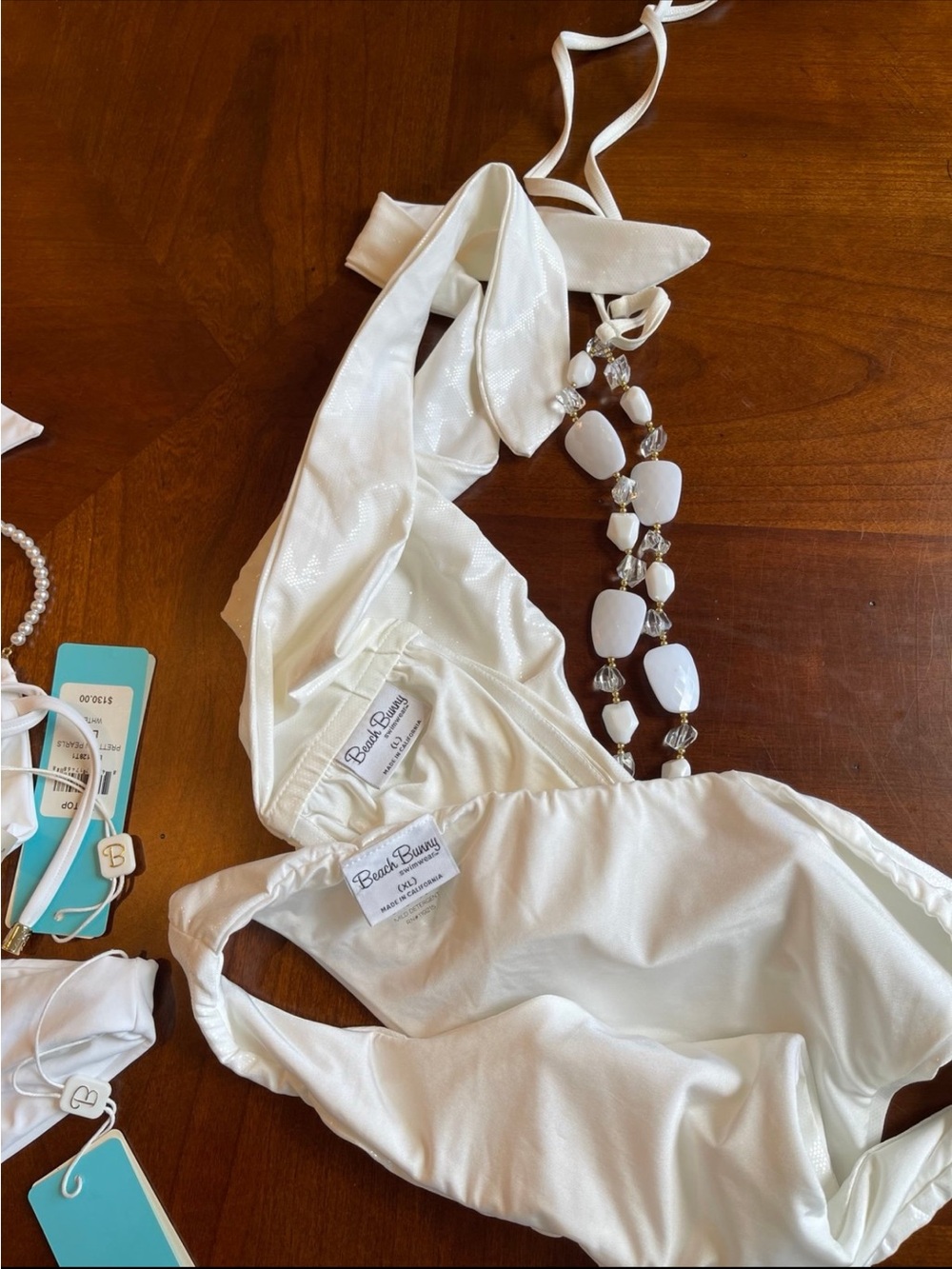 NWOT large top, XL bottoms halter white beaded bikini mermaid bikini - Picture 7 of 8